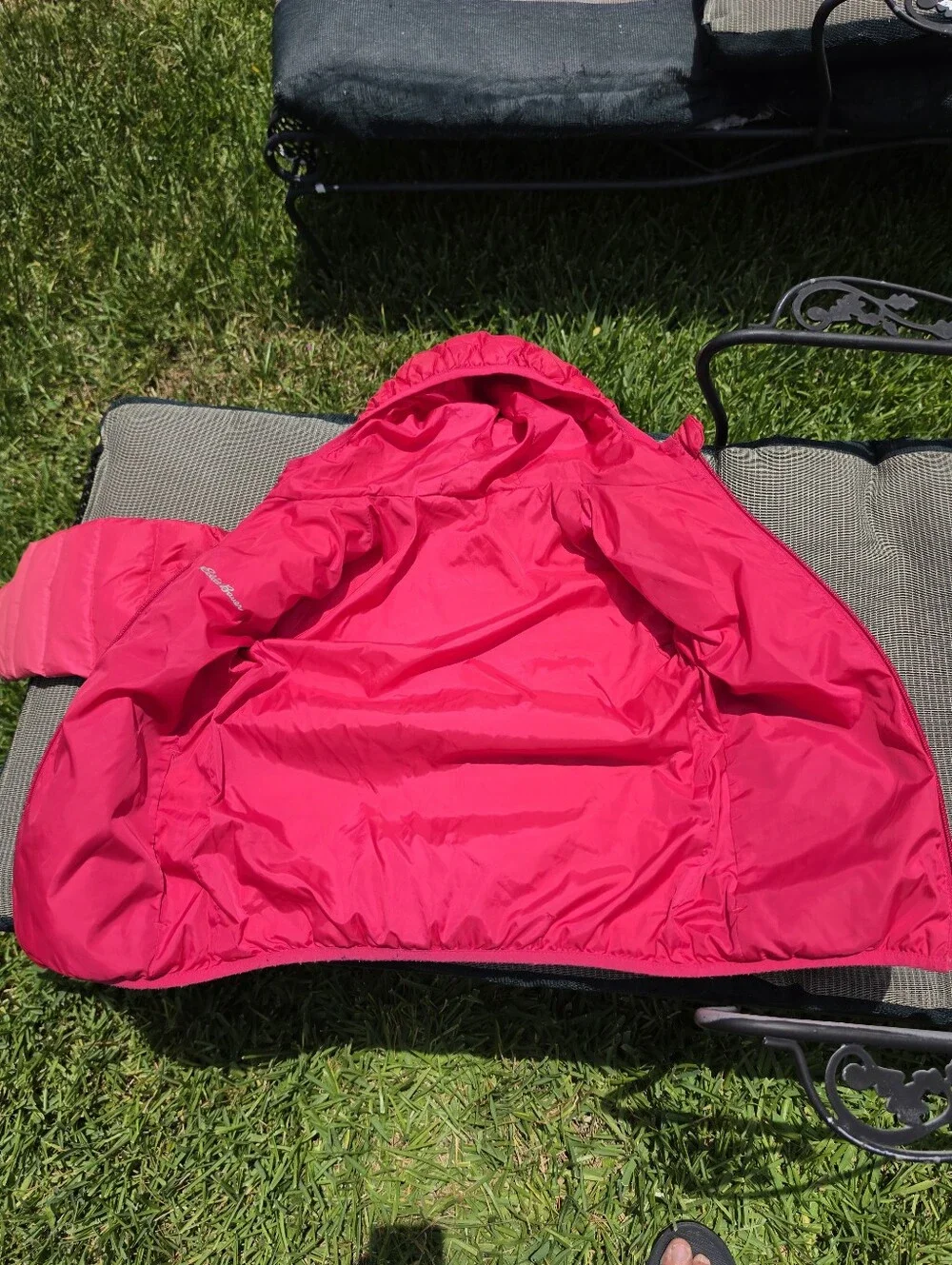 Eddie Bauer Girls Small 7/8 Pink Ombre Reversible Hooded Down Jacket